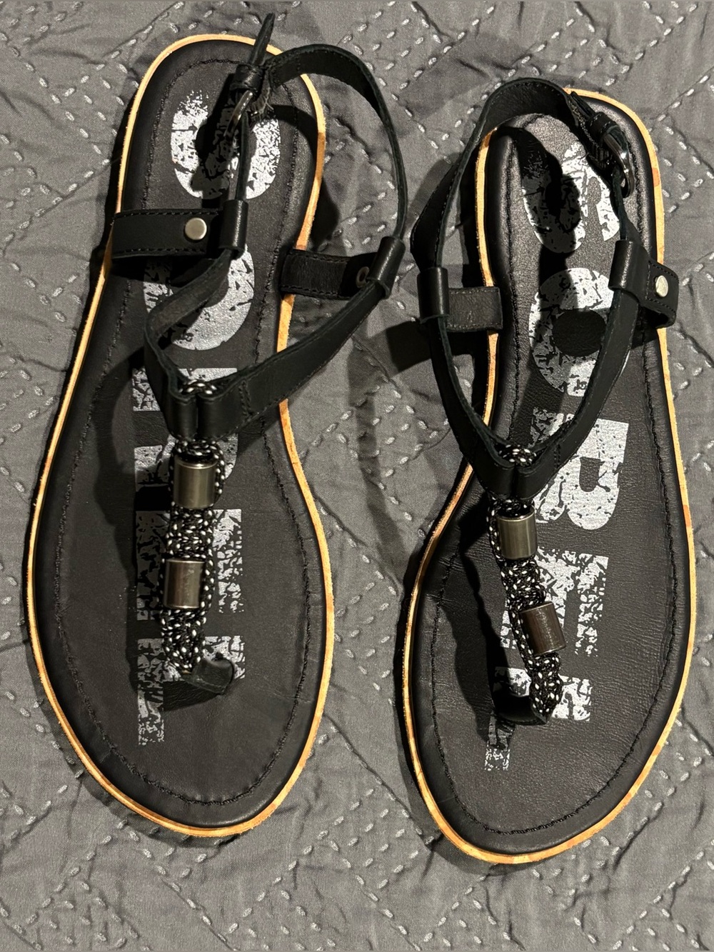 Sorel Black Braided T-Strap Sandals with cork Edge